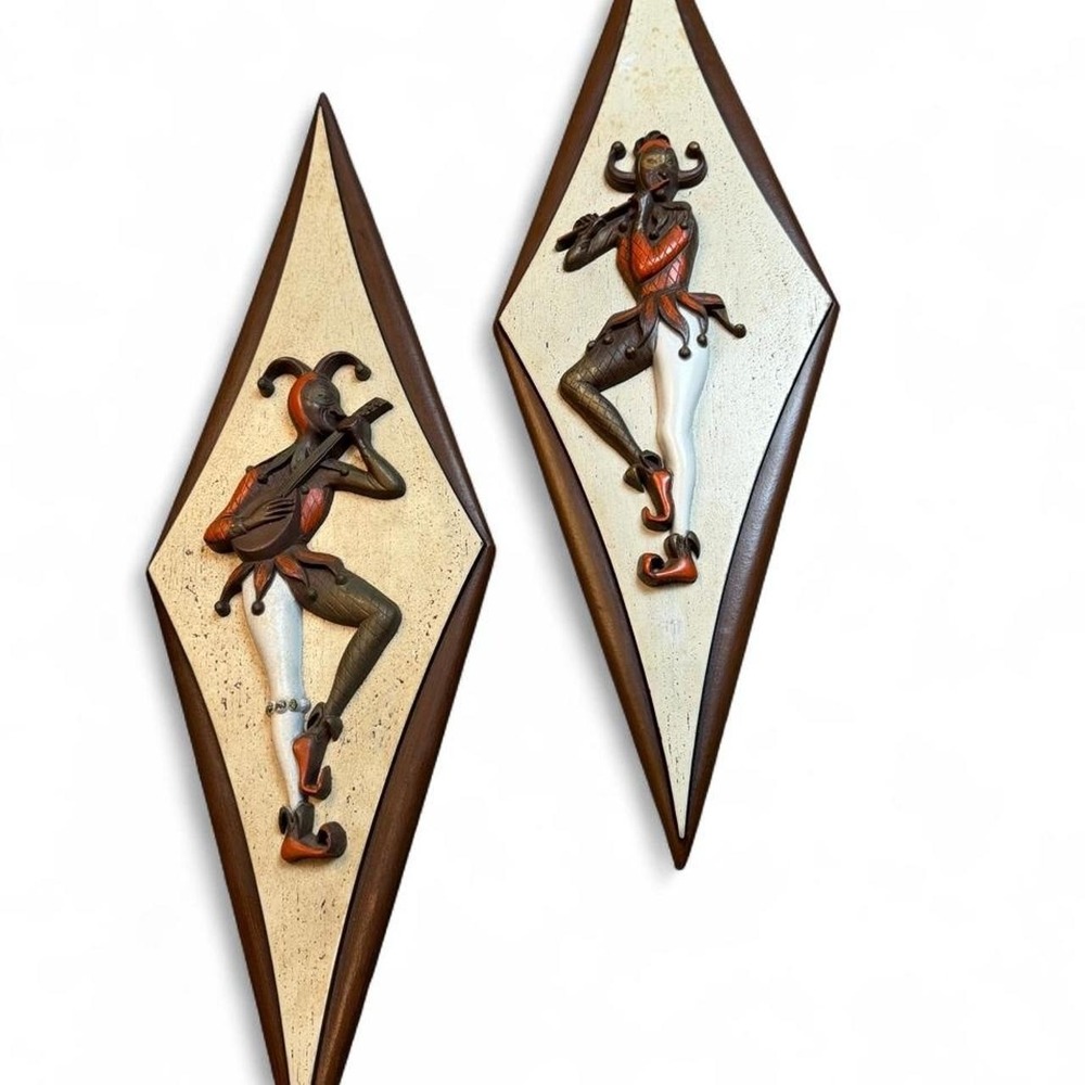 VTG Mid-Century Burwood Joker Jester Clown Wall Plaques Hanging Musicians MCM